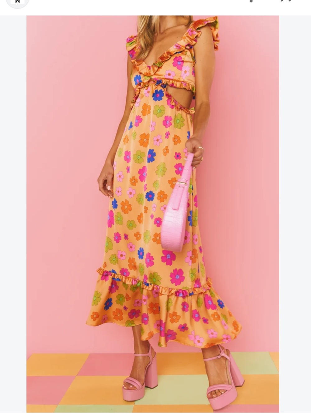 Show Me Your MuMu Orange Floral Ruffle Maxi Dress with Pink & Green Accents